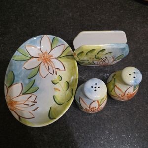 Hand Painted Ceramic Floral Pastel Napkin Holder Salt & Pepper Shaker Plate Set